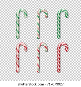 Candy cane set isolated on transparent background. Vector Christmas element.