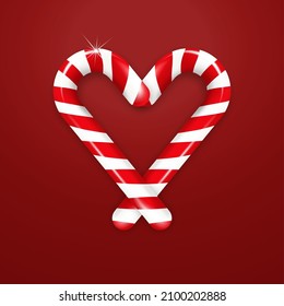 Candy cane in the shape of a heart on a red background with a shadow. Vector illustration for the design of flyers, banners