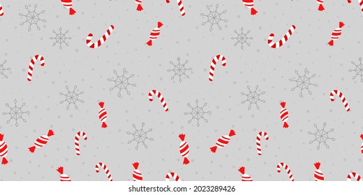 Candy cane and snowflake seamless pattern. Christmas background vector illustration. For wrapping paper, design, postcard, fabric, baby clothes, baby room. Christmas and New Year concept.