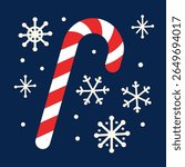 Candy Cane with Snowflakes on Dark Background. Flat vector illustration of a red and white striped candy cane surrounded by snowflakes on a dark blue background. Winter holiday concept.