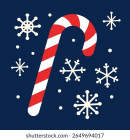 Candy Cane with Snowflakes on Dark Background. Flat vector illustration of a red and white striped candy cane surrounded by snowflakes on a dark blue background. Winter holiday concept.