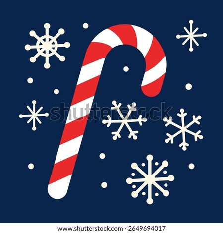 Candy Cane with Snowflakes on Dark Background. Flat vector illustration of a red and white striped candy cane surrounded by snowflakes on a dark blue background. Winter holiday concept.