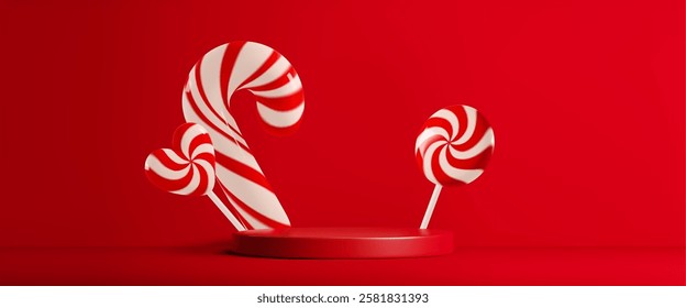 Candy cane and spiral lollipop on red round podium - 3d rendered festive sweets with white stripes and swirl patterns. Holiday confectionery display on crimson backdrop for confectionary design.