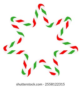 Candy cane star frame. Christmas ribbon with red, green and white stripes. Greeting card with New Year or Christmas decorating border. Vector illustration