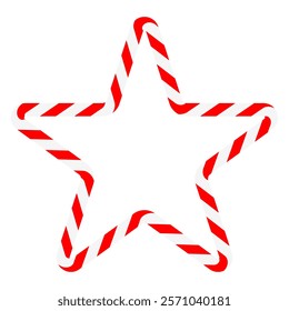 Candy cane star frame. Christmas ribbon with red and white stripes. Greeting card with New Year or Christmas decorating border. Vector illustration