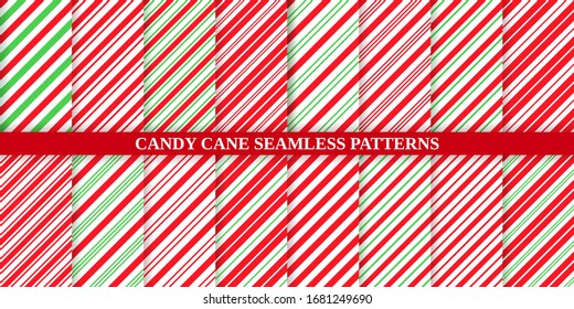 Candy cane stripe pattern. Seamless Christmas background. Vector. Red green peppermint wrapping texture. Xmas holiday diagonal lines. Set cute caramel package prints. Geometric illustration.