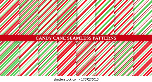 Candy cane stripe pattern. Seamless Christmas texture. Vector. Red green peppermint wrapping paper. Xmas holiday background with diagonal lines. Set caramel package prints. Geometric illustration.