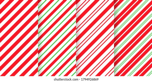 Candy cane stripe pattern. Seamless Christmas texture. Vector. Red green peppermint wrapping paper. Xmas holiday background with diagonal lines. Set caramel package prints. Geometric illustration.