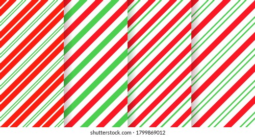 Candy cane stripe pattern. Seamless Christmas texture. Vector. Red green peppermint wrapping paper. Xmas holiday background with diagonal lines. Set caramel package prints. Geometric illustration.