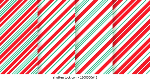 Candy Cane Stripe Pattern. Seamless Christmas Texture. Vector. Red Green Peppermint Wrapping Paper. Xmas Holiday Background With Diagonal Lines. Set Caramel Package Prints. Geometric Illustration.