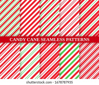 Candy cane stripe pattern. Vector. Seamless Christmas background. Red green peppermint diagonal lines. Xmas traditional wrapping texture. Set cute caramel package prints. Geometric illustration.