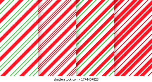 Candy cane stripe pattern. Vector. Seamless Christmas background. Red green peppermint diagonal lines. Xmas traditional wrapping texture. Set cute caramel package prints. Geometric illustration.