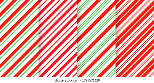 Candy cane stripe pattern. Vector. Seamless Christmas background. Red green peppermint diagonal lines. Xmas traditional wrapping texture. Set cute caramel package prints. Geometric illustration.