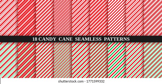 Candy cane stripe seamless pattern. Red and green wrapping paper. Vector. Christmas candycane background. Set of holiday textures. Peppermint caramel diagonal print. Classic winter illustration.