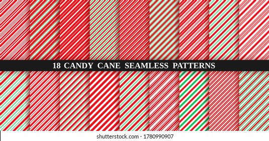 Candy cane stripe seamless pattern. Vector. Christmas candycane background. Set of red and green holiday textures. Wrapping paper. Peppermint caramel diagonal print. Classic winter illustration.