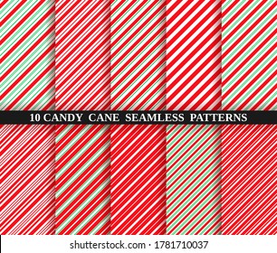 Candy cane stripe seamless pattern. Vector. Christmas candycane background. Red and green wrapping paper. Set of ten holiday textures. Peppermint caramel diagonal print. Classic winter illustration.