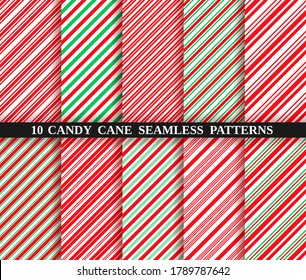 Candy cane stripe seamless pattern. Vector. Christmas candycane background red and green. Wrapping paper. Set of ten holiday textures. Peppermint caramel diagonal print. Classic winter illustration.