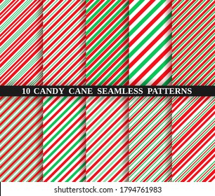 Candy cane stripe texture. Set of ten christmas seamless pattern. Vector. Holiday candycane background. Red green wrapping paper. Peppermint caramel diagonal print. Classic winter illustration.