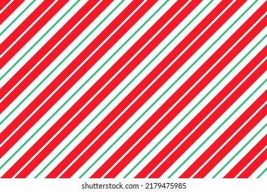 Candy cane striped background. Seamless Xmas red green pattern. Peppermint wrapping texture. Christmas caramel package print. Abstract geometric backdrop. Cute diagonal lines. Vector illustration.