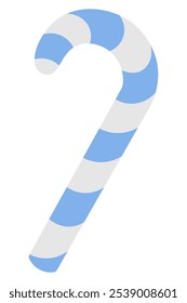 Candy cane. Striped blue and white lollipop. Color vector illustration. Isolated background. Flat style. Christmas sweet treat. Candy cane shaped candy cane. Web design idea.