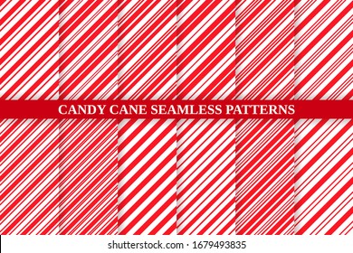 Candy cane striped pattern. Seamless Christmas red background. Vector. Peppermint wrapping texture. Set cute caramel package prints. Xmas holiday diagonal lines. Abstract geometric illustration.