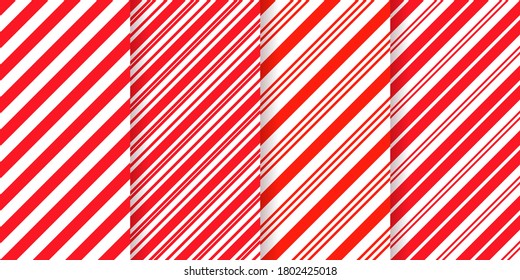 Candy cane striped pattern. Seamless Christmas red background. Vector. Peppermint wrapping texture. Set cute caramel package prints. Xmas holiday diagonal lines. Abstract geometric illustration.