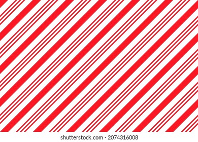 Candy cane striped pattern. Seamless Christmas red background. Cute caramel package print. Xmas holiday texture with diagonal lines. Peppermint geometric wrapping paper. Vector illustration
