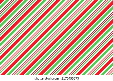 Candy cane striped pattern. Seamless Christmas background. Peppermint wrapping texture. Cute caramel package print. Xmas red green diagonal lines. Abstract geometric backdrop. Vector illustration.