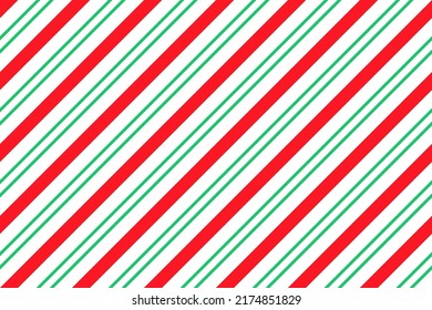 Candy cane striped pattern. Seamless Christmas red green background. Peppermint wrapping texture. Cute caramel package print. Xmas diagonal lines. Abstract geometric backdrop. Vector illustration.