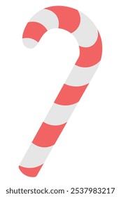 Candy cane. Striped red and white lollipop. Color vector illustration. Isolated background. Flat style. Christmas sweet treat. Candy cane shaped candy cane. Web design idea.