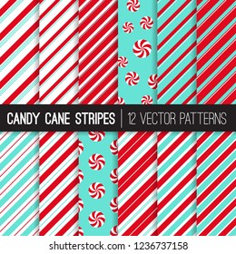 Candy Cane Stripes and Peppermints Vector Patterns in Red, Aqua Blue and White. Popular Christmas Background. Variable Thickness Diagonal Lines. Repeating Pattern Tile Swatches Included.