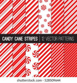 Candy Cane Stripes and Peppermints Vector Patterns in Red and White. Popular Christmas Background. Variable thickness diagonal lines. Pattern Swatches Made with Global Colors