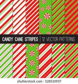 Candy Cane Stripes and Peppermints Vector Patterns in Red, Green and White. Popular Christmas Background. Variable thickness diagonal lines. Pattern Swatches Made with Global Colors