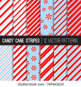 Candy Cane Stripes and Peppermints Vector Patterns in Red, White and Light Blue. Popular Christmas Background. Variable thickness diagonal lines. Pattern Swatches Made with Global Colors.