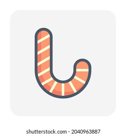 Candy cane or sugar cookie vector icon. Sweet food or stick candy with peppermint flavored, red white stripes for decorative event i.e. celebration, merry christmas, happy new year in winter season.