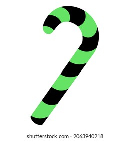 Candy cane. Sweet lollipop. Caramel stick in the shape of a sugar cane. Black and green striped candy. Trick or treat. Colored vector illustration. Halloween. Isolated white background. Flat style. 