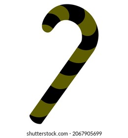 Candy cane. Sweet lollipop. Caramel stick in the shape of a sugar cane. Black and green striped candy. Trick or treat. Colored vector illustration. Halloween. Isolated white background. Flat style. 