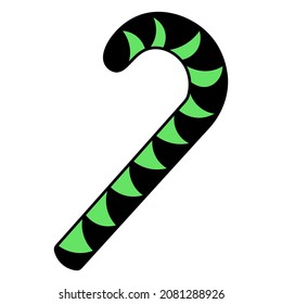 Candy cane. Sweet lollipop. Caramel stick in the shape of a sugar cane. The candy is black and green. Trick or treat. Colored vector illustration. Halloween. Isolated white background. Cartoon style. 