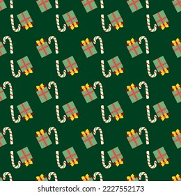 La caña de caramelo se pega y presenta un patrón vectorial sin fisuras. El fondo festivo de Navidad o Año Nuevo se repite con motivos festivos tradicionales. Diseño de invierno de celebración para papel de embalaje