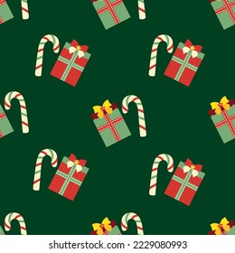 La caña de caramelo se pega y presenta un patrón vectorial sin fisuras. El fondo festivo de Navidad o Año Nuevo se repite con motivos festivos tradicionales. Diseño de invierno de celebración para papel de embalaje