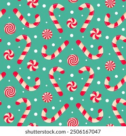 Candy cane and swirl candies seamless pattern. Cute Christmas sweet candy design. Good for wrapping paper, background, fabric.