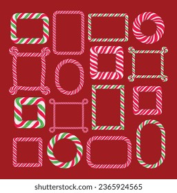 Candy Cane swirl frames set for Christmas holidays design. Hard candy winter borders sample. Elements isolated for design on background. 