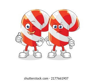 the candy cane thumbs up and thumbs down. cartoon mascot vector