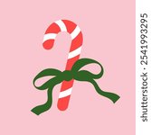 Candy cane tied with a green bow. Christmas flirty illustration on a pink background. Coquette core print