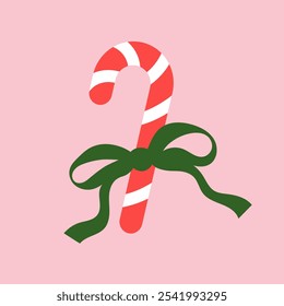 Candy cane tied with a green bow. Christmas flirty illustration on a pink background. Coquette core print