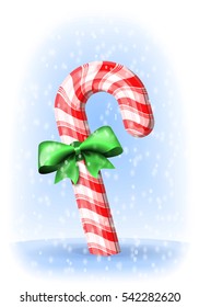 Candy cane tied with green bow on snow. Vector illustration