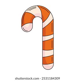 Candy cane. Traditional Halloween or Christmas kids sweets. Vector flat simple element, color illustration. For logo, sticker, print, web design, scrapbooking