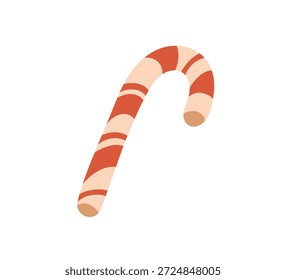 Candy cane treat. Sweet red and white striped stick with peppermint flavor. Christmas caramel, festive confectionery, dessert, sugar snack. Flat vector illustration isolated on white background