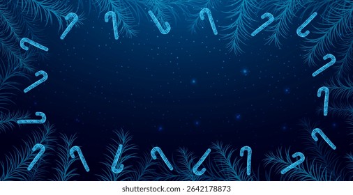 Candy cane and tree branches, Christmas concept with glowing low poly candy on dark blue background. Wireframe low poly design. Abstract futuristic vector illustration 