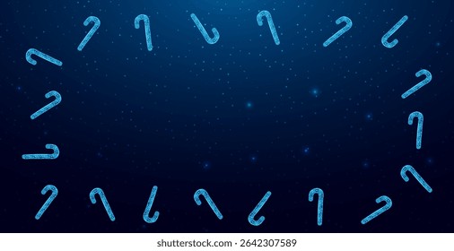 Candy cane and tree branches, Christmas concept with glowing low poly candy on dark blue background. Wireframe low poly design. Abstract futuristic vector illustration 